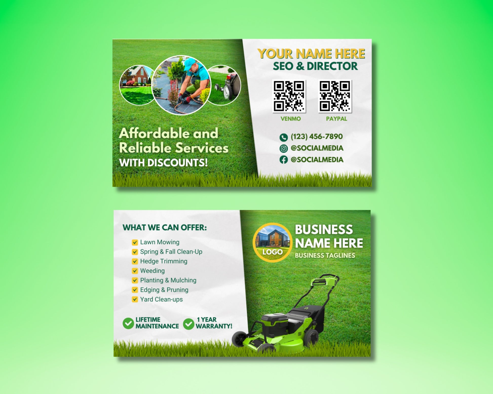 Business Cards Lawn Care Landscaping Yard Services Green Services Residential Commercial Professional Reliable Mowing Trimming Edging Aeration Seeding Fertilization Weed Control Irrigation Spring/Fall Cleanup Leaf Removal Snow Removal Landscape