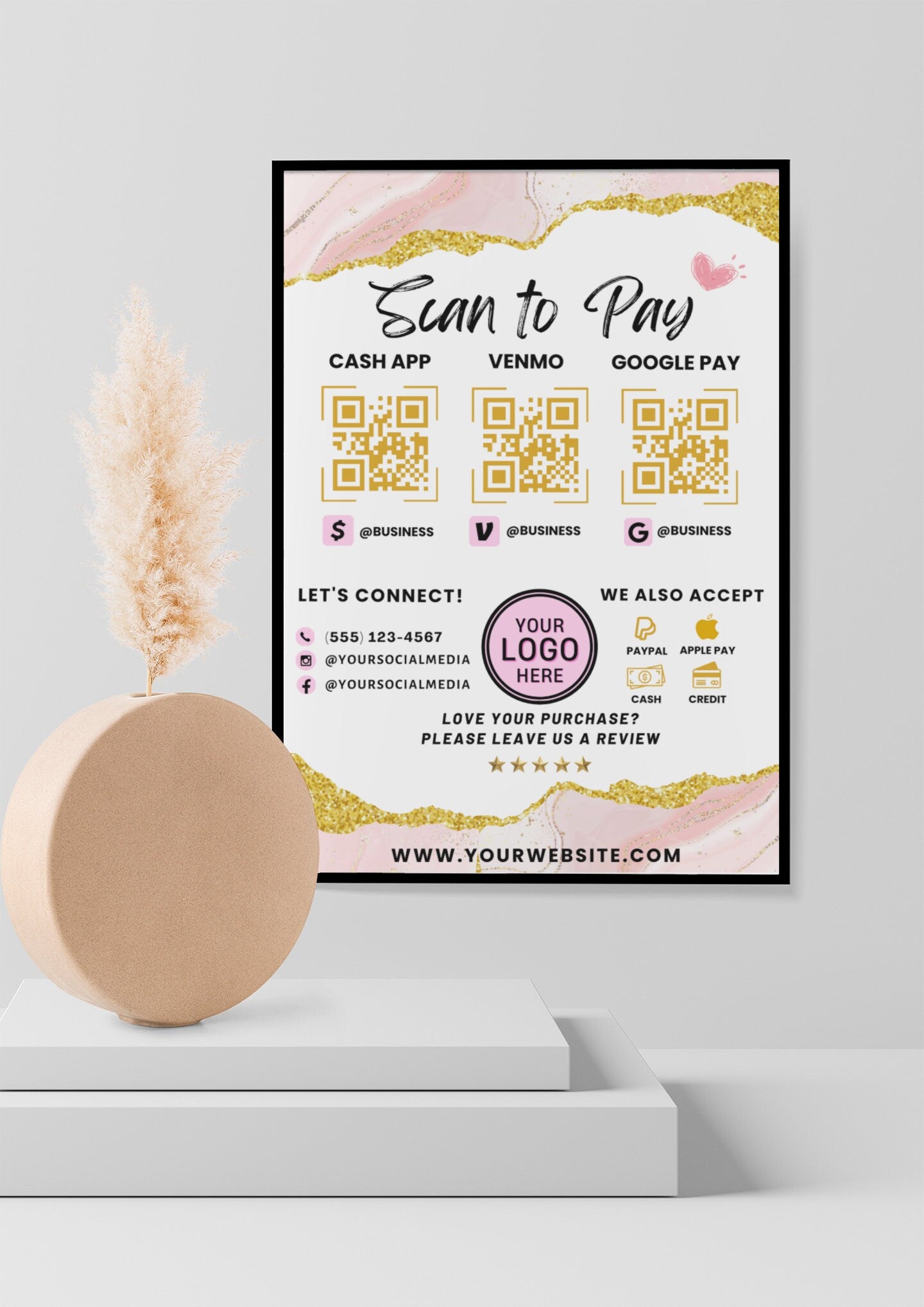 scan to pay contactless payment pay here easy payment cashless transactions mobile payment pink and gold rose gold blush pink metallic qr code small business boutique beauty salon online store pop-up shop event elegant luxury feminine chic modern