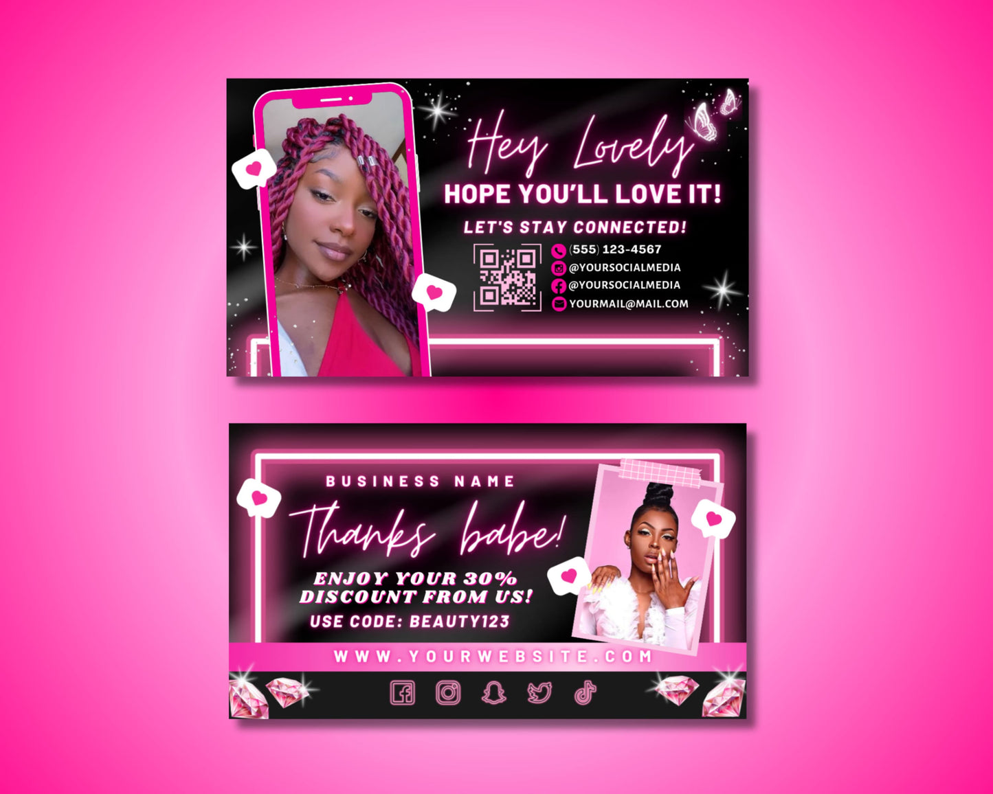 neon pink beauty business thank you card discount card promo card qr code digital loyalty card easy redemption mobile friendly trackable results hair salon nail salon spa makeup artist skincare special offer exclusive deal scan to redeem follow us