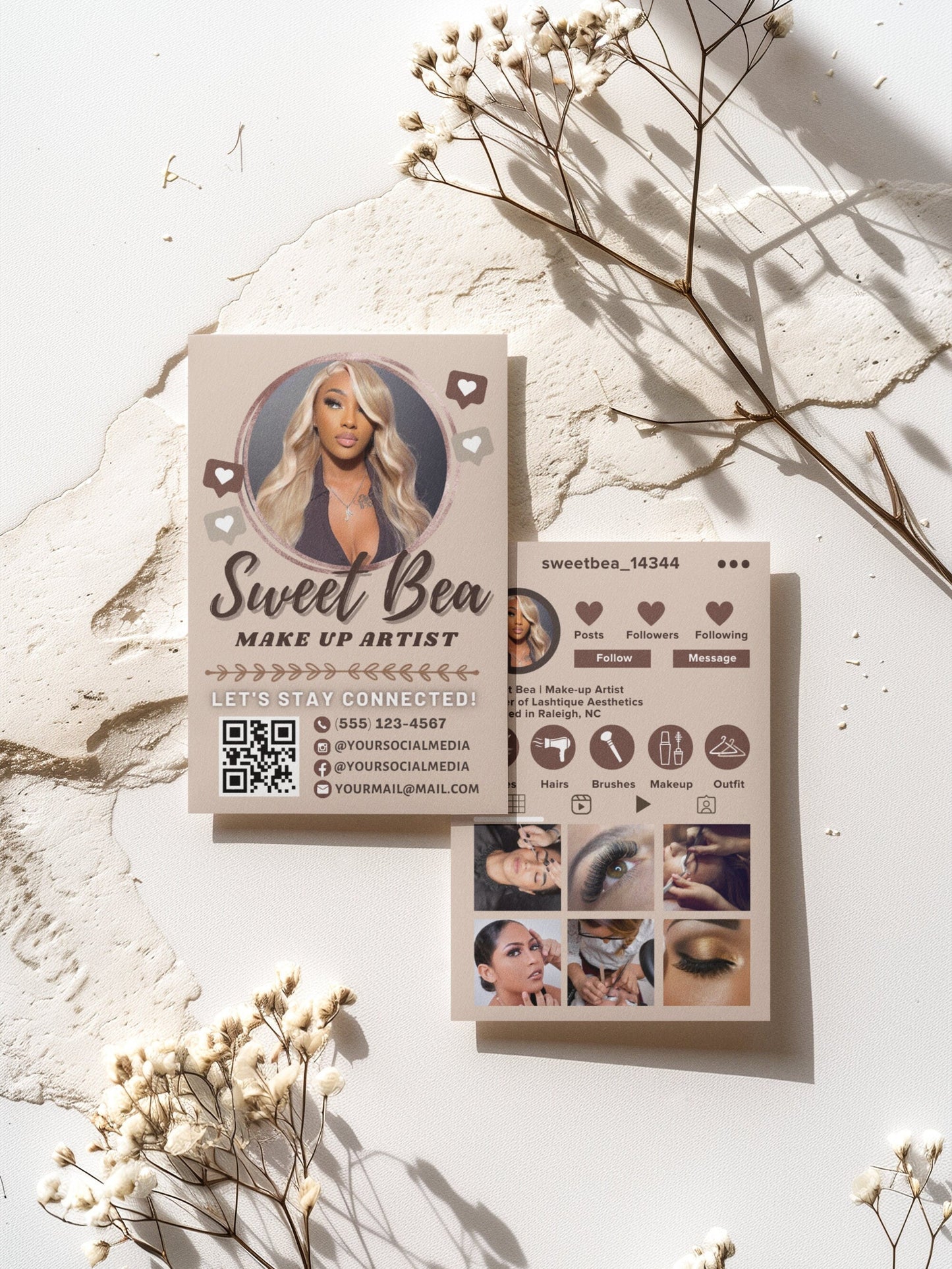 instagram qr code business cards, diy canva digital card template design, neutral colors business card, premade beauty salon business cards