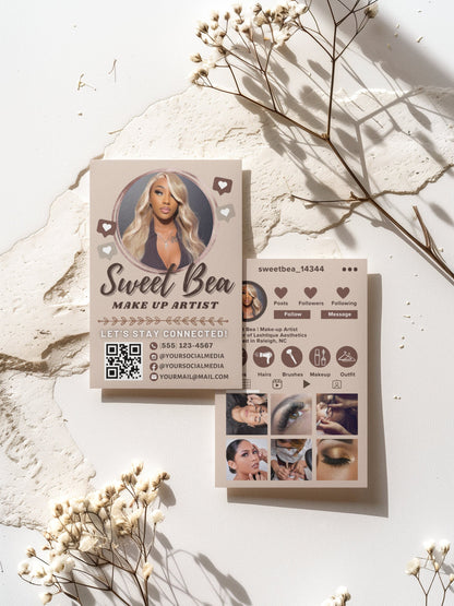 Instagram QR Code Business Cards, DIY Canva Digital Card Template Design, Neutral Colors Business Card, Premade Beauty Salon Business Cards