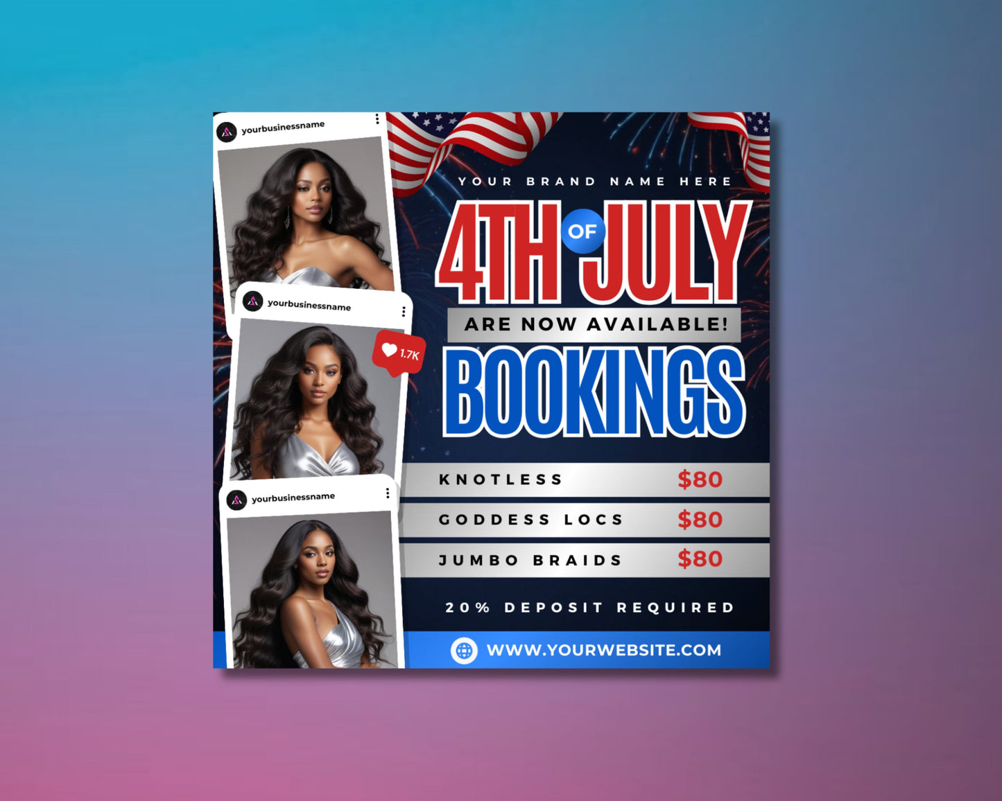 4th of july booking flyer, diy flyer template design, appointment flyer, book now flyer, hair flyer, premade fourth of july specials flyer