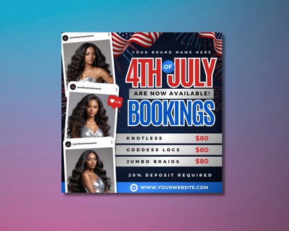 4th Of July Booking Flyer, DIY Flyer Template Design, Appointment Flyer, Book Now Flyer, Hair Flyer, Premade Fourth of July Specials Flyer