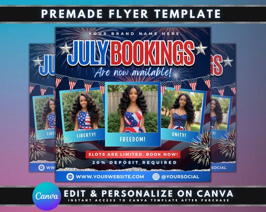 Fourth of July Bookings Independence Day Special Beauty Treatments Summer Glow Up Celebrate with Great Hair & Nails Haircuts & Styling Manicures & Pedicures Facials & Skincare Makeup Application Waxing & Hair Removal Discounts & Promotions