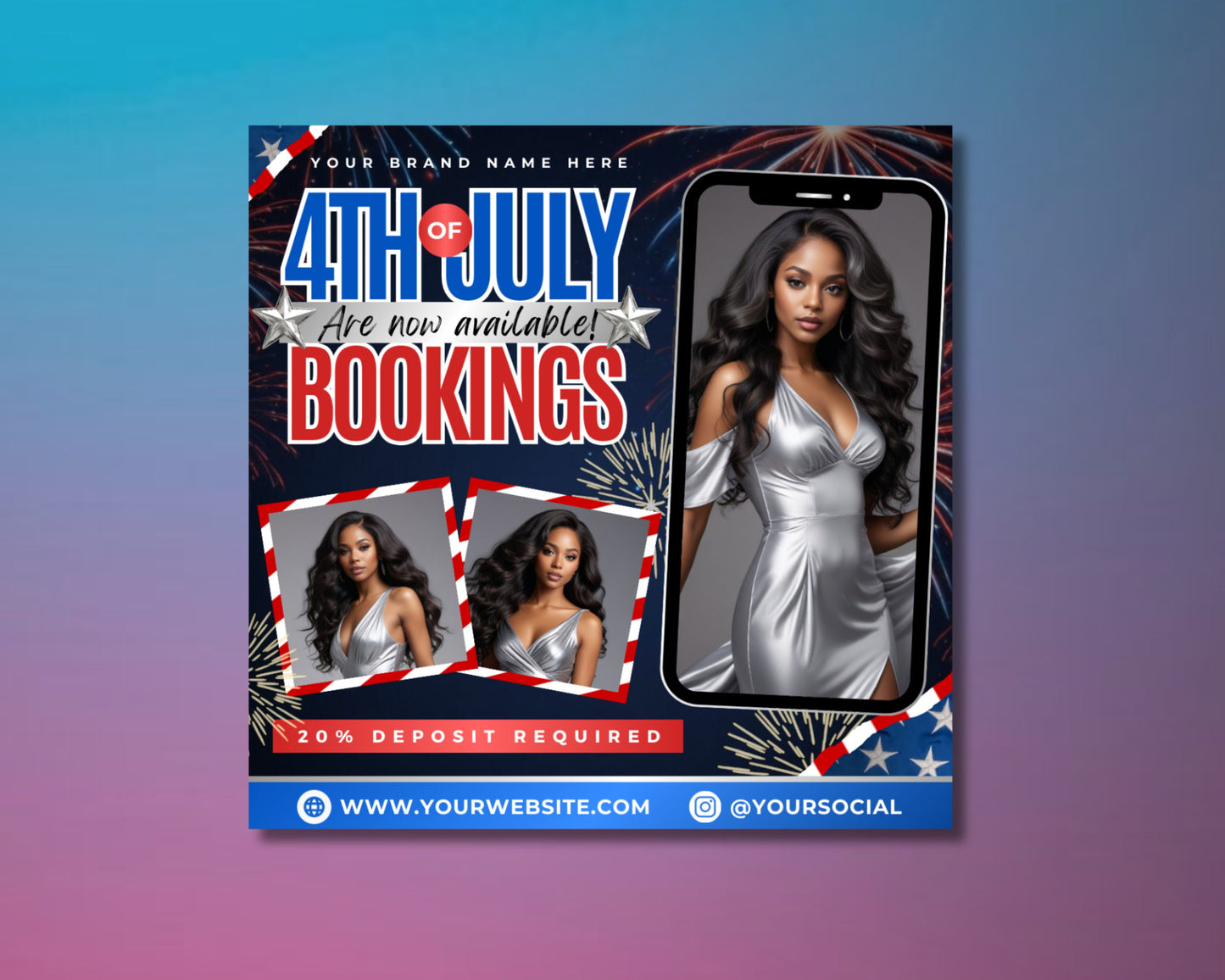 fourth of july bookings independence day special beauty treatments summer glow up celebrate with great hair & nails haircuts & styling manicures & pedicures facials & skincare makeup application waxing & hair removal discounts & promotions