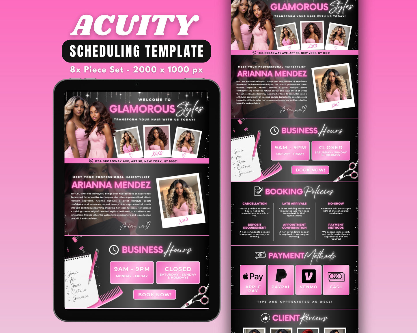 hair salon acuity template pink and black web design lash artist hairstyling services hair extensions beauty salon nail salon spa makeup artist acuity acuity scheduling template acuity website template appointment booking template premade designs