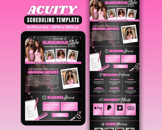 Hair salon Acuity template Pink and Black web design Lash Artist Hairstyling services Hair extensions Beauty salon Nail salon Spa Makeup artist Acuity Acuity scheduling template Acuity website template Appointment booking template Premade Designs