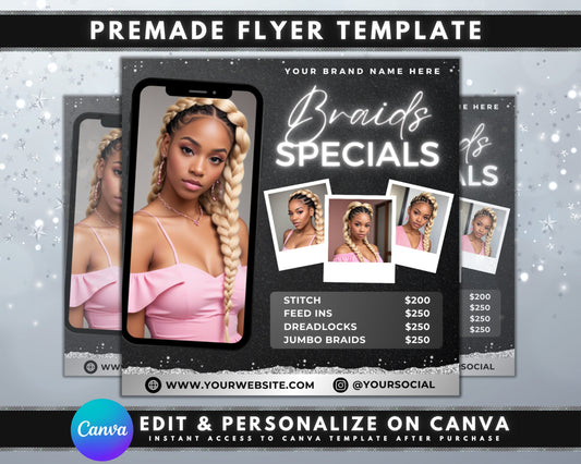 Braids Booking Flyer Braids Specials Beauty Flyer Template Hair Salon Braids Hairstyles Spring Styles Box Braids Crochet Braids Cornrows Senegalese Twists Faux Locs Braid Extensions Updos Weaves Hair Care Appointments Recommended Walk-Ins Welcome