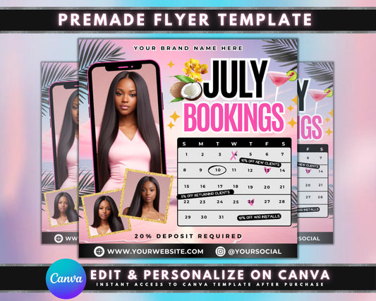 July Bookings Open Book Now for July Limited Availability in July Dont Miss Out! Book Your July Beauty Appointment Summer Beauty Refresh Makeup Application Facials Lashes & Brows Waxing Spa Day Pampering Self-Care Beauty Trends New Client Special