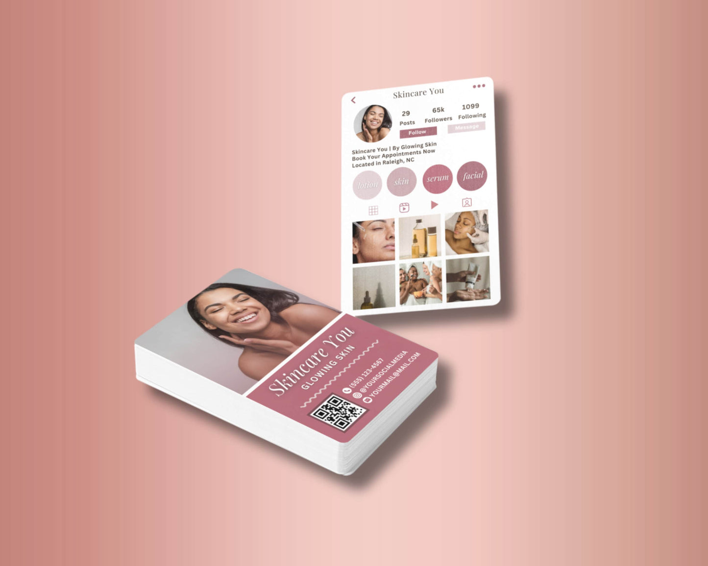 rose gold skincare beauty luxury elegant minimalist modern professional business card template editable template printable template qr code business card clickable business card instagram business card calling card organic skincare