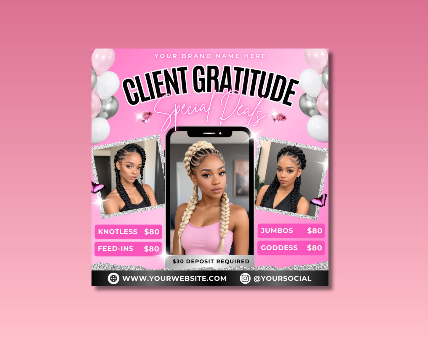 client appreciation thank you you are valued because you deserve it special offers exclusive deals haircut & style makeup application skincare treatments facials massages waxing lashes brows nails braids braids sale knotless jumbo braids deals