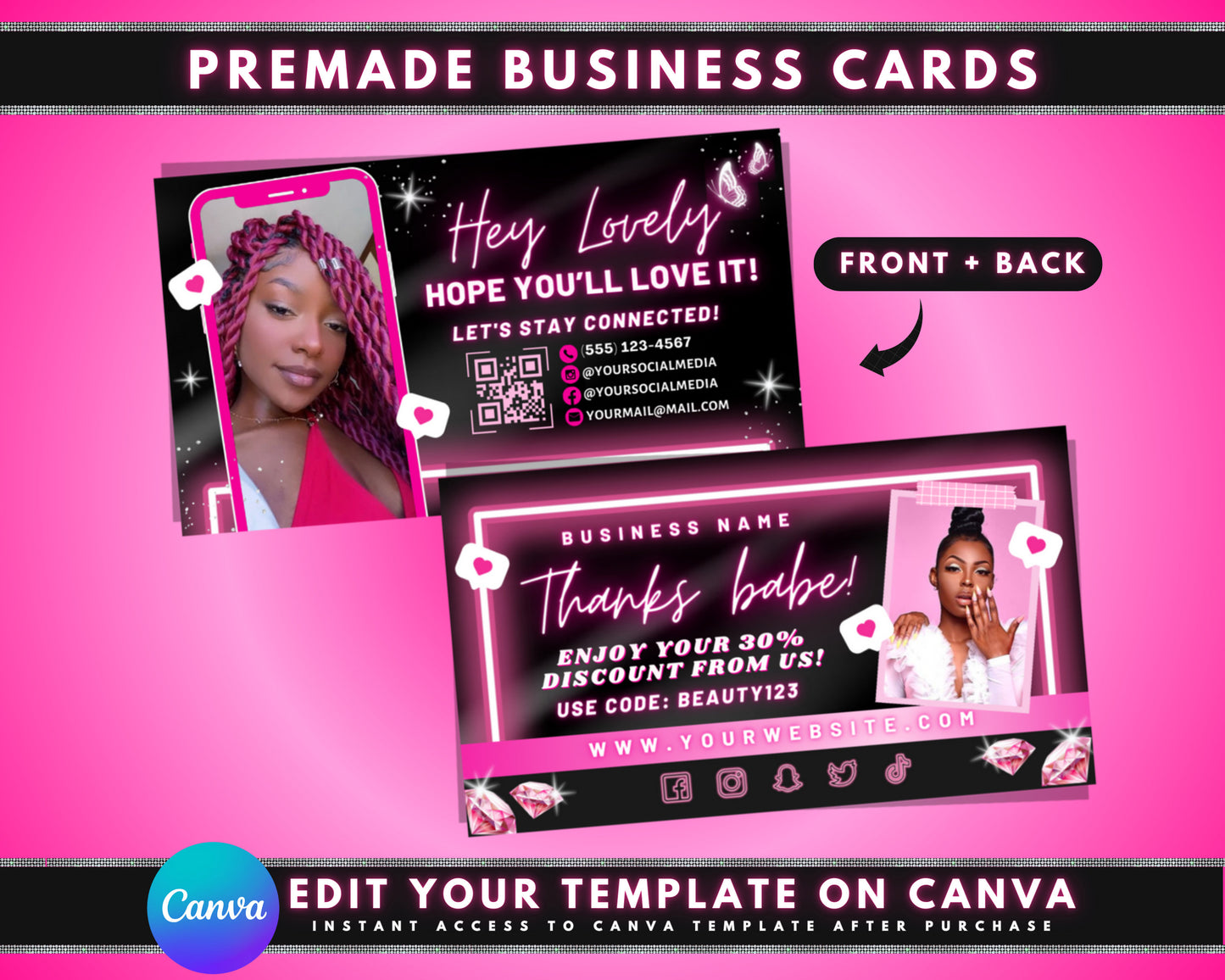 neon pink beauty business thank you card discount card promo card qr code digital loyalty card easy redemption mobile friendly trackable results hair salon nail salon spa makeup artist skincare special offer exclusive deal scan to redeem follow us