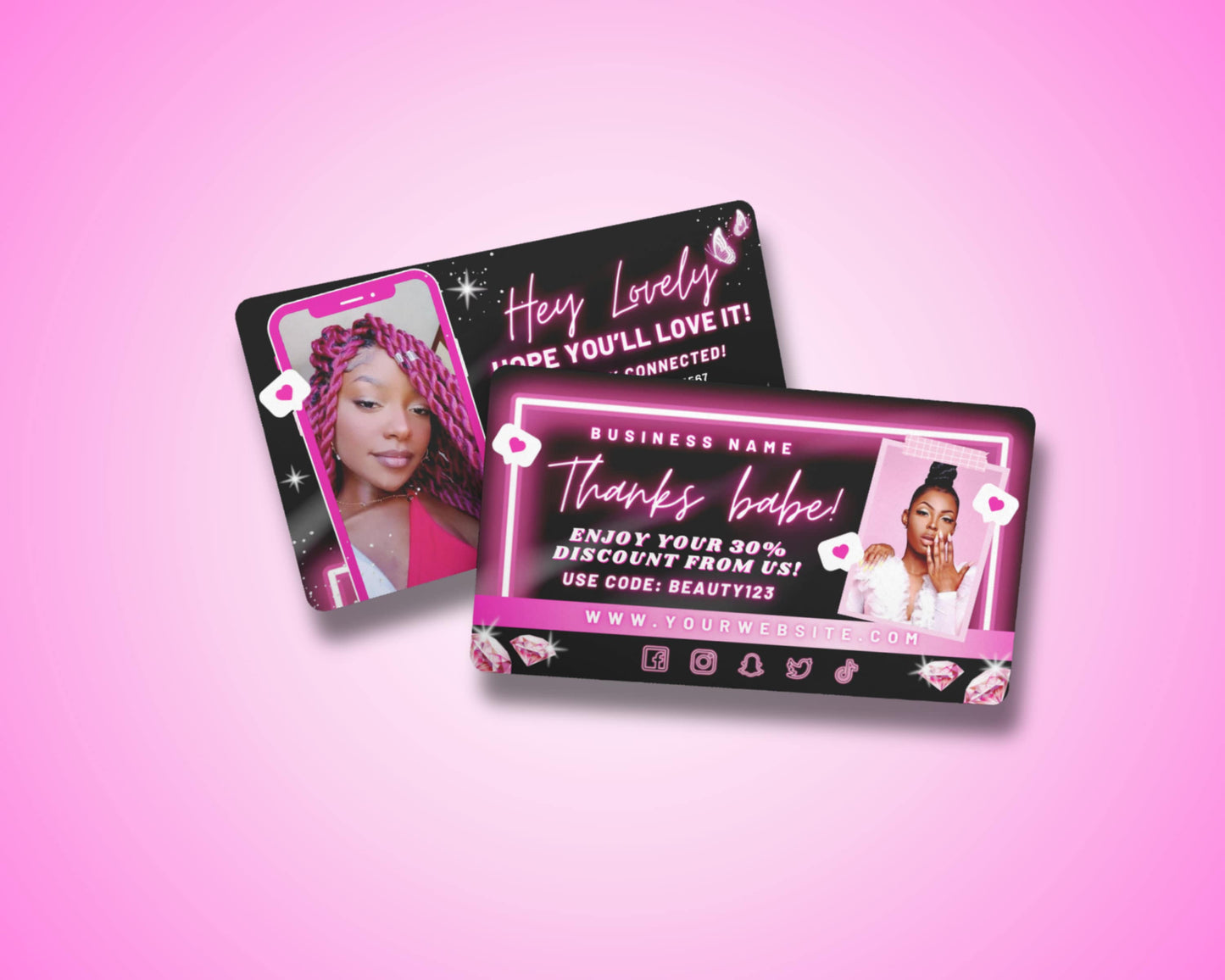 neon pink beauty business thank you card discount card promo card qr code digital loyalty card easy redemption mobile friendly trackable results hair salon nail salon spa makeup artist skincare special offer exclusive deal scan to redeem follow us