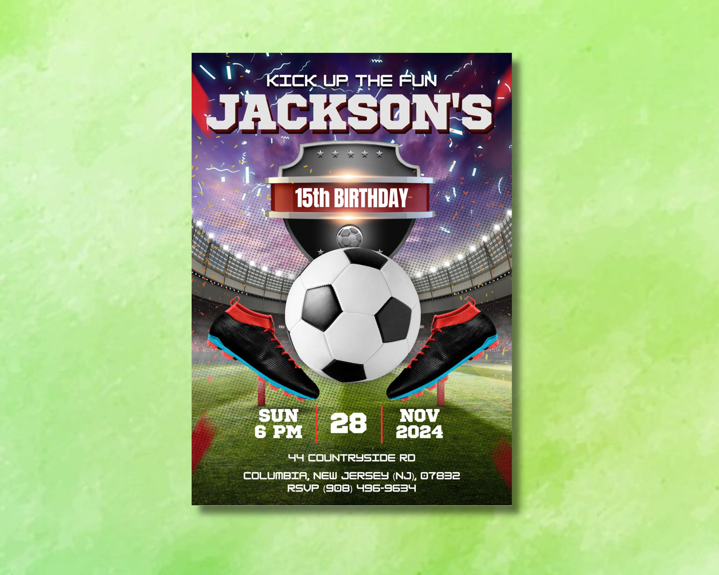 celebration birthday bbq snacks drinks music games activities invitation template soccer sports ball stadium get ready to score! it&#39;s game time! let&#39;s play ball! show off your skills! join the fun! we need you on the team!