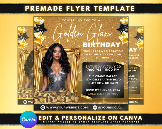 Gold birthday party Goddess birthday party Elegant birthday party Birthday party flyer Printable flyer Invitation template Digital download Gold birthday party flyer Gold glitter birthday flyer Metallic birthday flyer Elegant birthday flyer