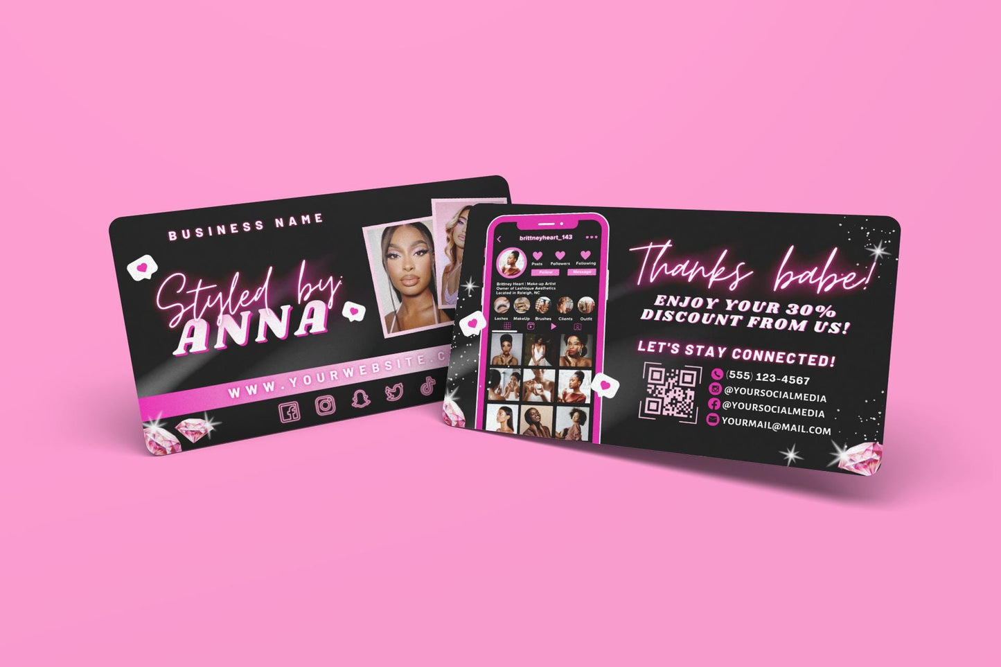 pink & black business card watercolor business card template elegant business card creative business card luxury business card makeup artist hair stylist esthetician nail technician spa services beauty products feminine watercolor glamorous modern