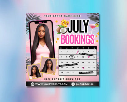 July Bookings Open Book Now for July Limited Availability in July Dont Miss Out! Book Your July Beauty Appointment Summer Beauty Refresh Makeup Application Facials Lashes & Brows Waxing Spa Day Pampering Self-Care Beauty Trends New Client Special