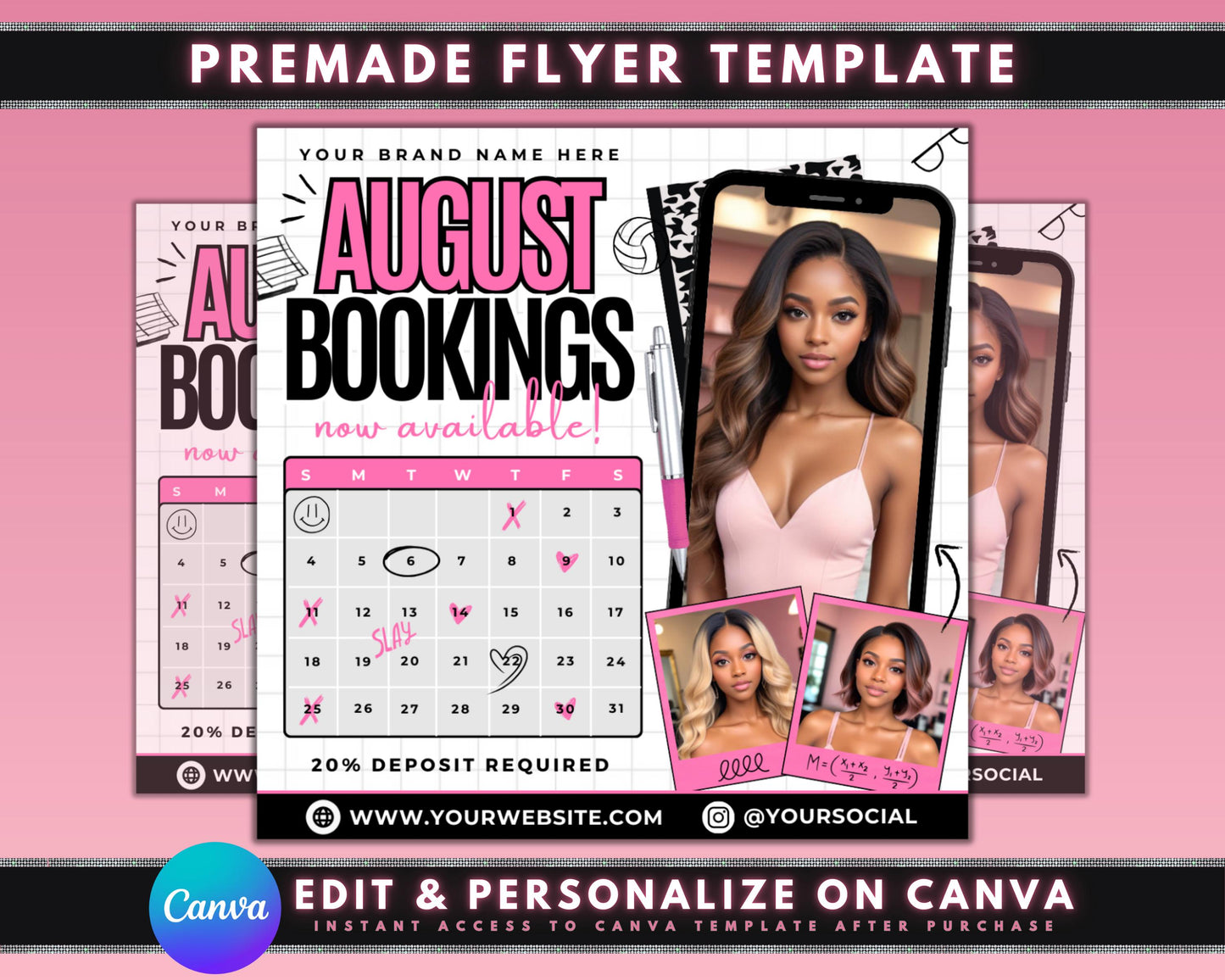 august promotions back to school deals summer hair treat yourself relaxation self-care haircut hairstyling hair color highlights nails manicure pedicure facial massage waxing limited time only dont miss out book your appointment today calendar flyer