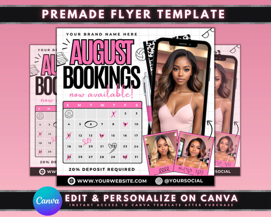 August Promotions Back to School Deals Summer Hair Treat Yourself Relaxation Self-Care Haircut Hairstyling Hair Color Highlights Nails Manicure Pedicure Facial Massage Waxing Limited time only Dont miss out Book your appointment today Calendar Flyer