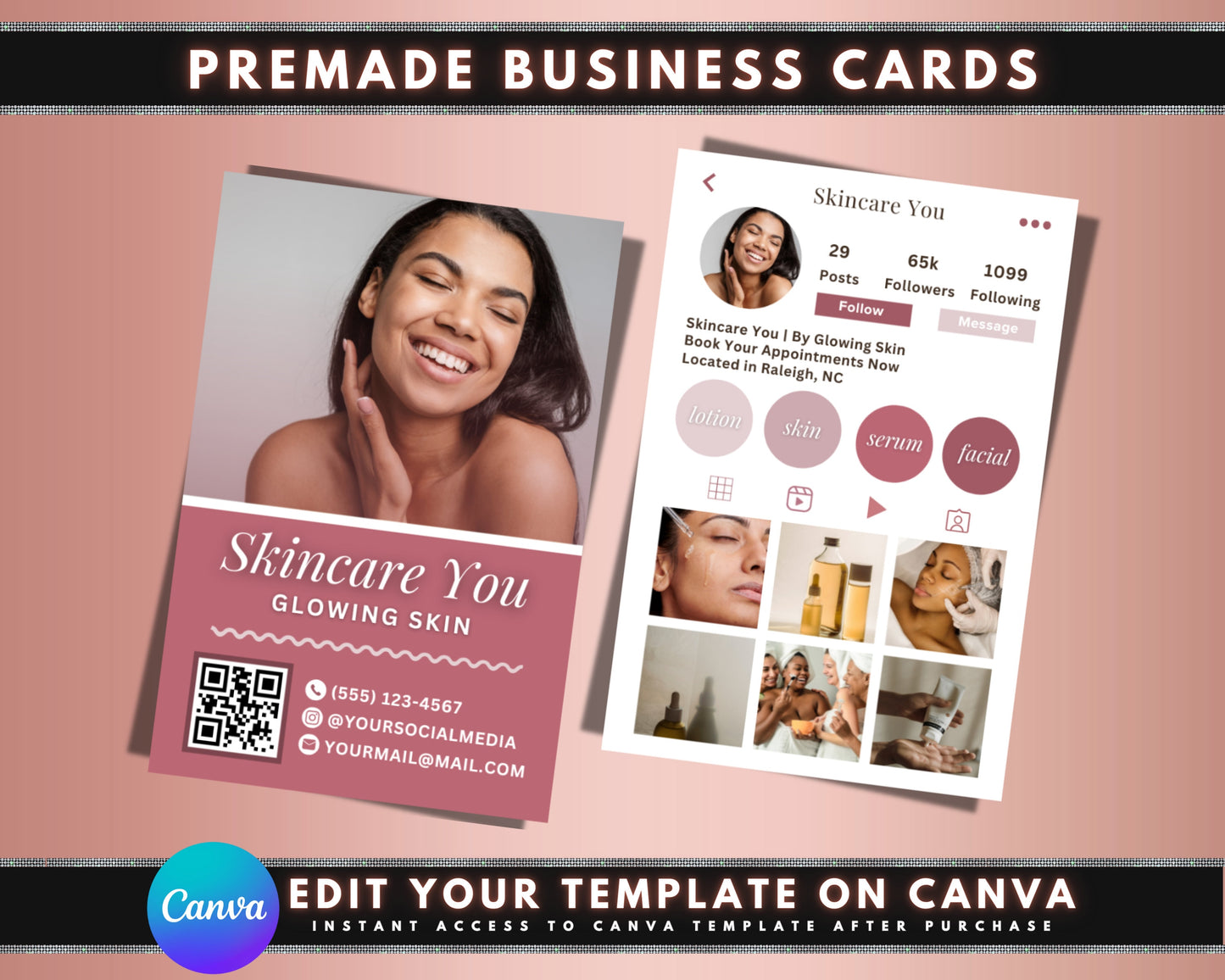 rose gold skincare beauty luxury elegant minimalist modern professional business card template editable template printable template qr code business card clickable business card instagram business card calling card organic skincare