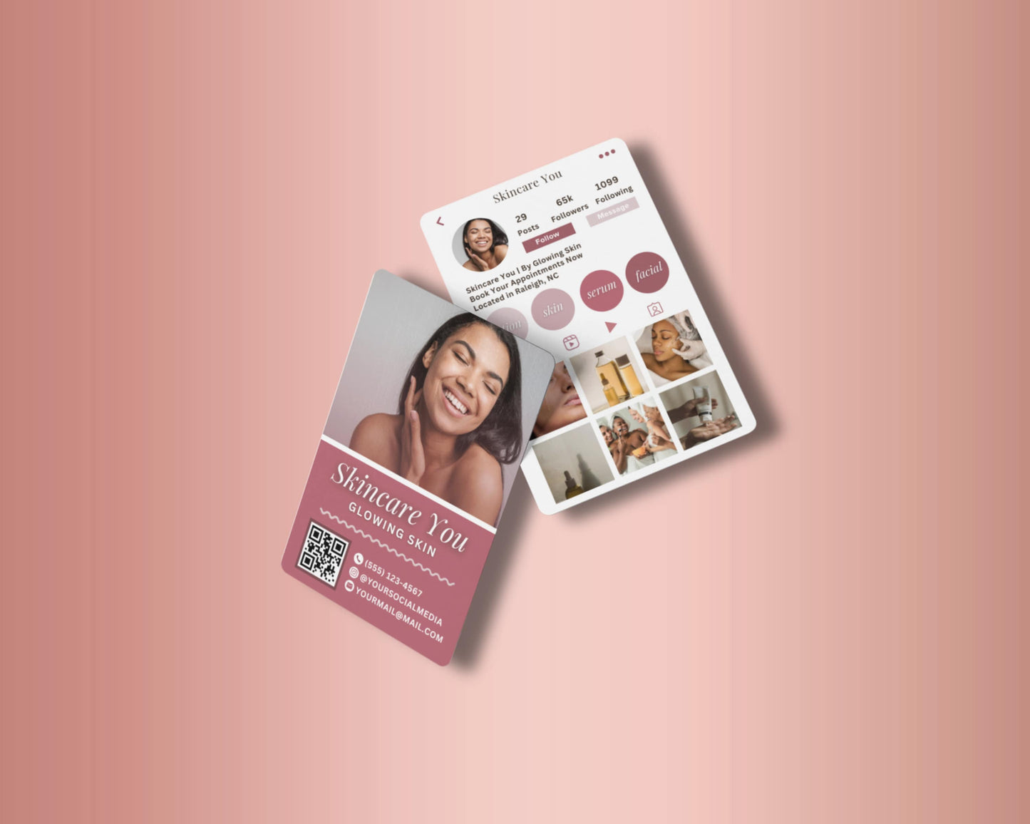 rose gold skincare beauty luxury elegant minimalist modern professional business card template editable template printable template qr code business card clickable business card instagram business card calling card organic skincare