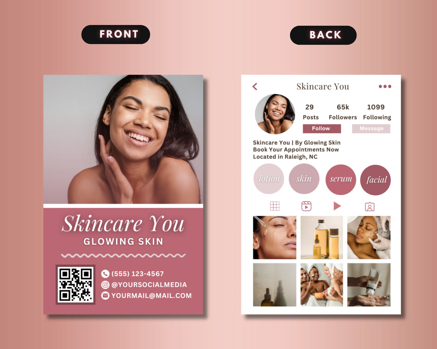 rose gold skincare beauty luxury elegant minimalist modern professional business card template editable template printable template qr code business card clickable business card instagram business card calling card organic skincare