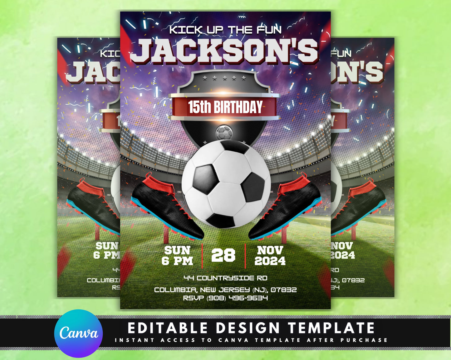 celebration birthday bbq snacks drinks music games activities invitation template soccer sports ball stadium get ready to score! it&#39;s game time! let&#39;s play ball! show off your skills! join the fun! we need you on the team!