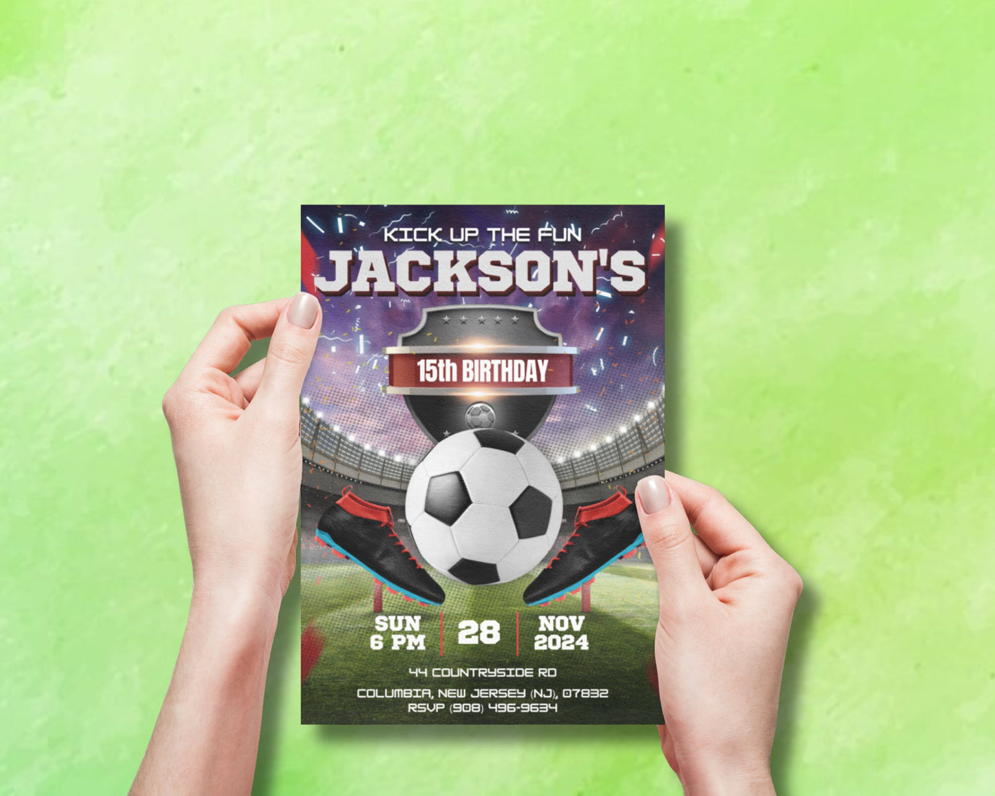 celebration birthday bbq snacks drinks music games activities invitation template soccer sports ball stadium get ready to score! it&#39;s game time! let&#39;s play ball! show off your skills! join the fun! we need you on the team!