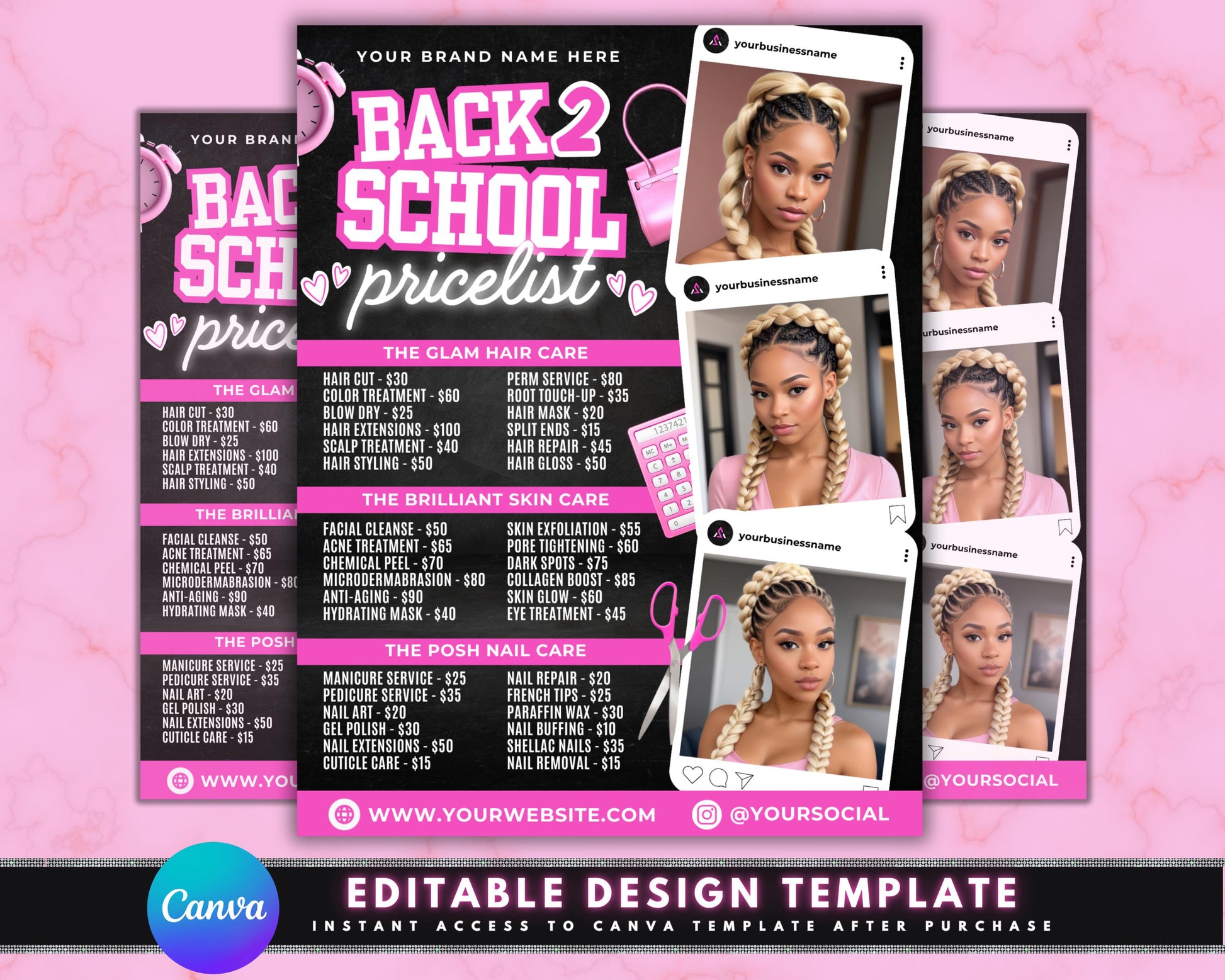 back to school beauty salon pricelist flyer template discount promotion special offer student discount affordable makeover hairstyle haircare skincare nails makeup beauty tips salon services beauty treatments back to school hairstyle student packages