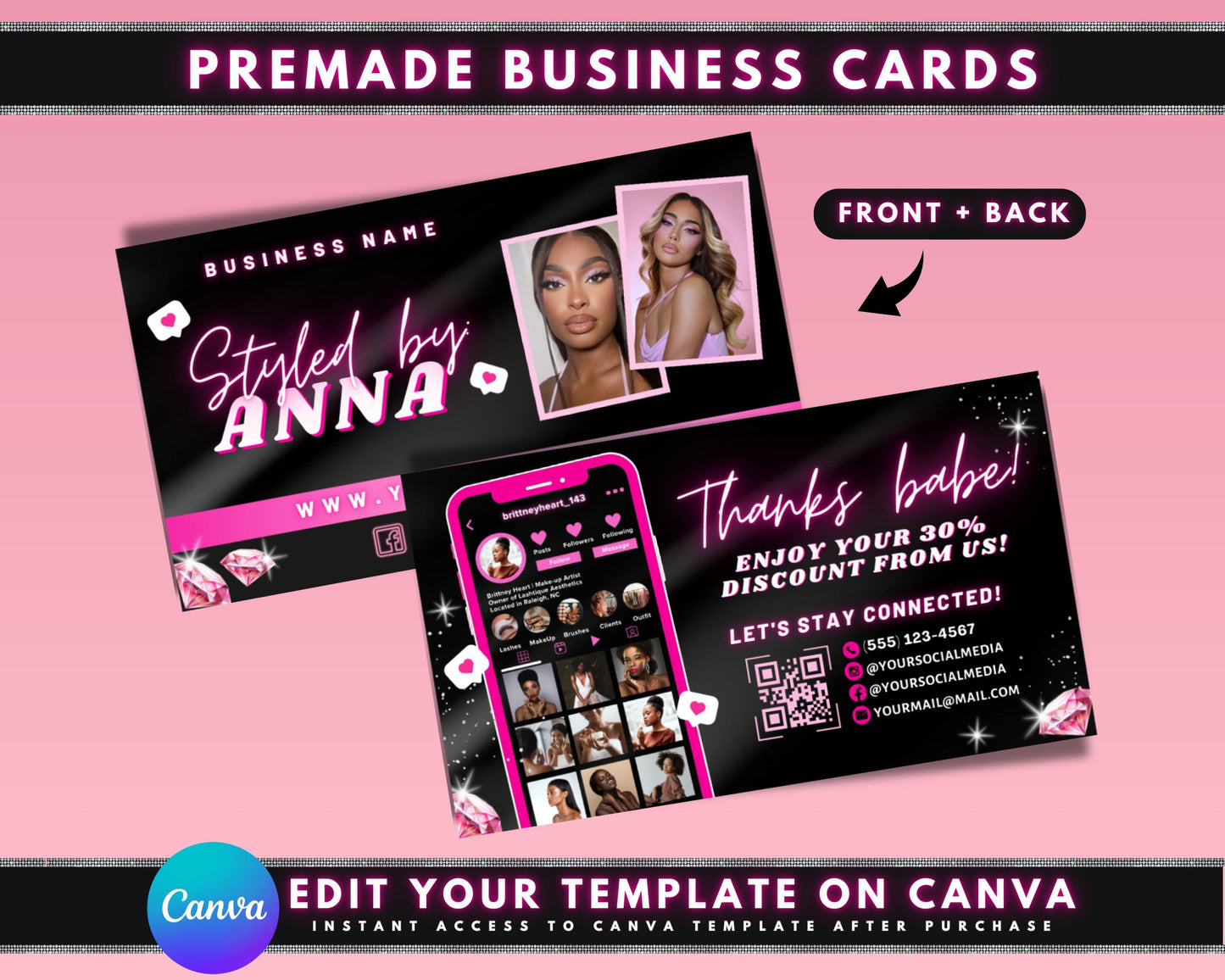 pink & black business card watercolor business card template elegant business card creative business card luxury business card makeup artist hair stylist esthetician nail technician spa services beauty products feminine watercolor glamorous modern