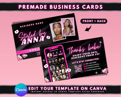 Pink & Black Business Card Watercolor Business Card Template Elegant Business Card Creative Business Card Luxury Business Card Makeup Artist Hair Stylist Esthetician Nail Technician Spa Services Beauty Products Feminine Watercolor Glamorous Modern