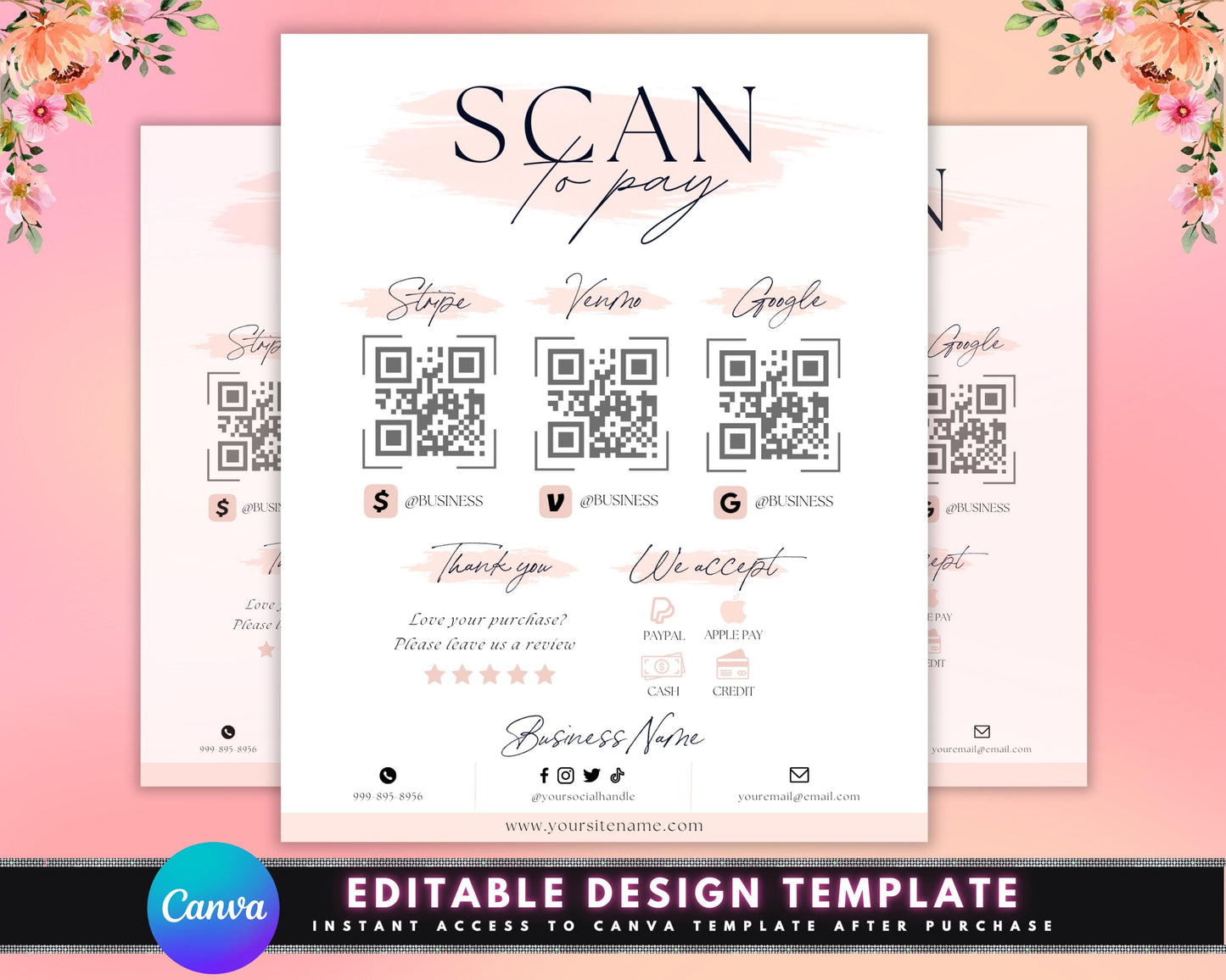 scan to pay contactless payment pay here easy payment cashless transactions mobile payment pink and gold rose gold blush pink metallic qr code small business boutique beauty salon online store pop-up shop event elegant luxury feminine chic modern