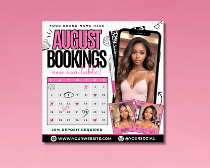 August Promotions Back to School Deals Summer Hair Treat Yourself Relaxation Self-Care Haircut Hairstyling Hair Color Highlights Nails Manicure Pedicure Facial Massage Waxing Limited time only Dont miss out Book your appointment today Calendar Flyer