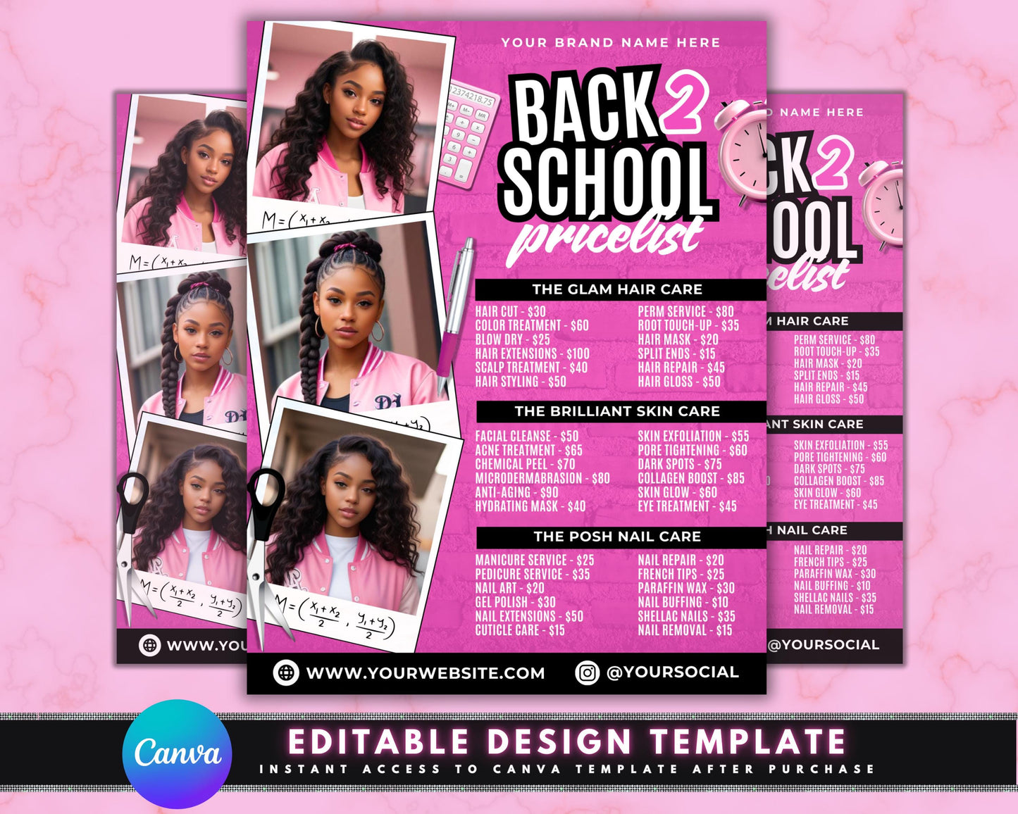 back to school beauty salon pricelist flyer template discount promotion special offer student discount affordable makeover hairstyle haircare skincare nails makeup beauty tips salon services beauty treatments back to school hairstyle student packages