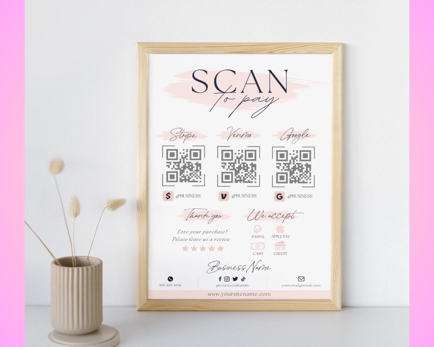 scan to pay contactless payment pay here easy payment cashless transactions mobile payment pink and gold rose gold blush pink metallic qr code small business boutique beauty salon online store pop-up shop event elegant luxury feminine chic modern