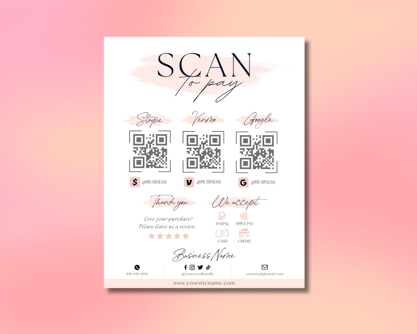 scan to pay contactless payment pay here easy payment cashless transactions mobile payment pink and gold rose gold blush pink metallic qr code small business boutique beauty salon online store pop-up shop event elegant luxury feminine chic modern