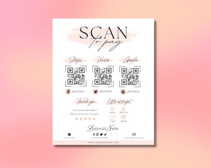 Scan to Pay Contactless Payment Pay Here Easy Payment Cashless Transactions Mobile Payment Pink and Gold Rose Gold Blush Pink Metallic QR Code Small Business Boutique Beauty Salon Online Store Pop-Up Shop Event Elegant Luxury Feminine Chic Modern