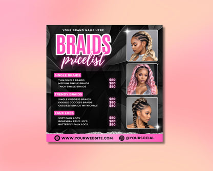 braids pricelist hair braiding flyer braiding services flyer beauty salon flyer hair salon flyer flyer template pricelist template editable flyer printable flyer box braids pricelist knotless braids pricelist feed-in braids pricelist crochet braids