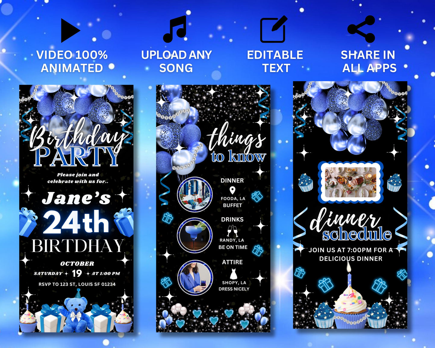 blue and silver birthday invitation animated birthday invitation birthday party invite template digital birthday birthday party party invitation design invitation template birthday celebration online invitation invitation maker