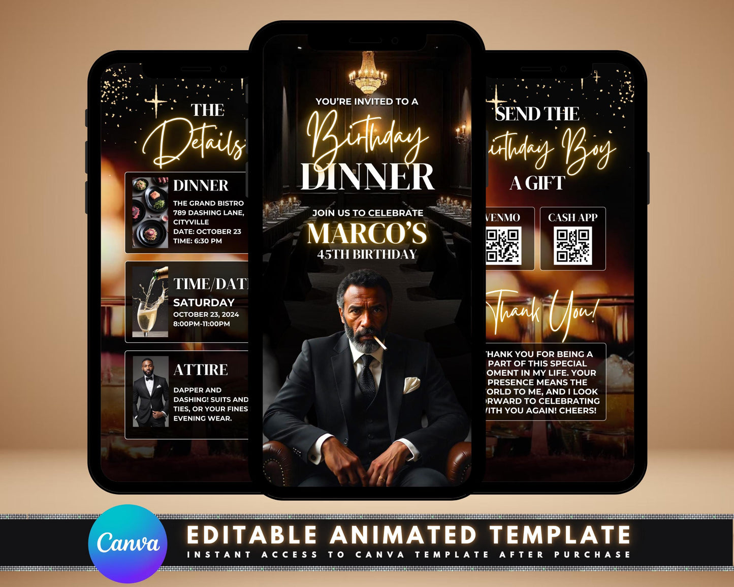 men animated birthday invitation birthday dinner invitation instagram video invitation digital invitation birthday party video birthday dinner animation cake animation qr code men celebration champagne toast animation balloons animation tobacco