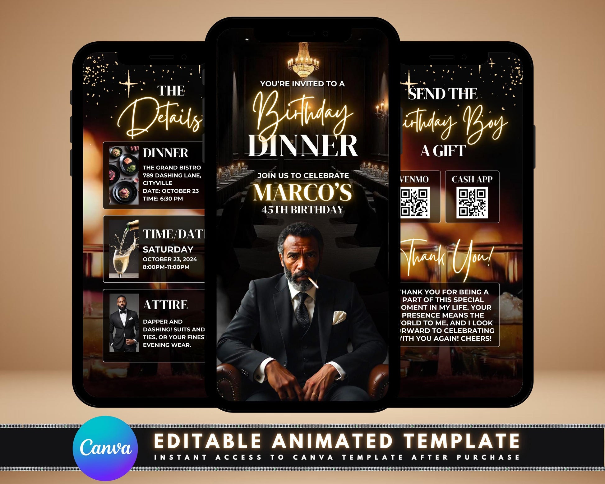 Men animated birthday invitation birthday dinner invitation Instagram video invitation digital invitation birthday party video birthday dinner animation cake animation QR Code Men Celebration champagne toast animation balloons animation Tobacco