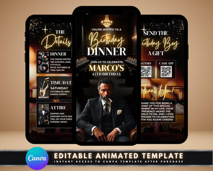 Men animated birthday invitation birthday dinner invitation Instagram video invitation digital invitation birthday party video birthday dinner animation cake animation QR Code Men Celebration champagne toast animation balloons animation Tobacco