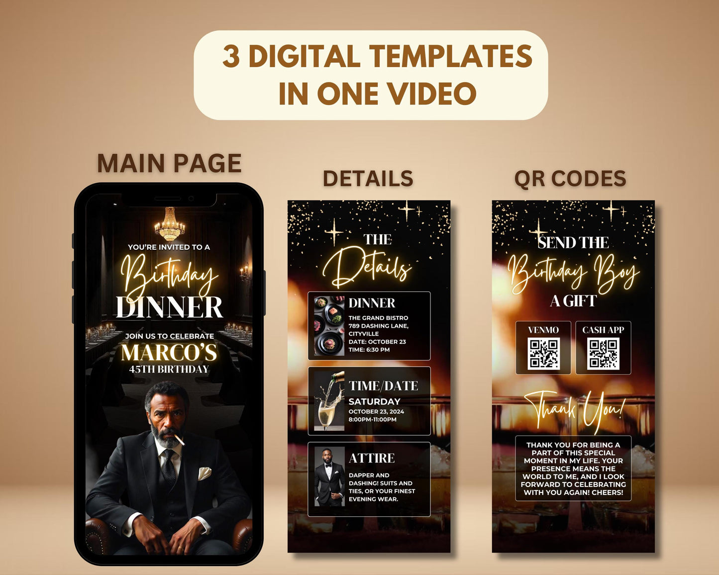 men animated birthday invitation birthday dinner invitation instagram video invitation digital invitation birthday party video birthday dinner animation cake animation qr code men celebration champagne toast animation balloons animation tobacco