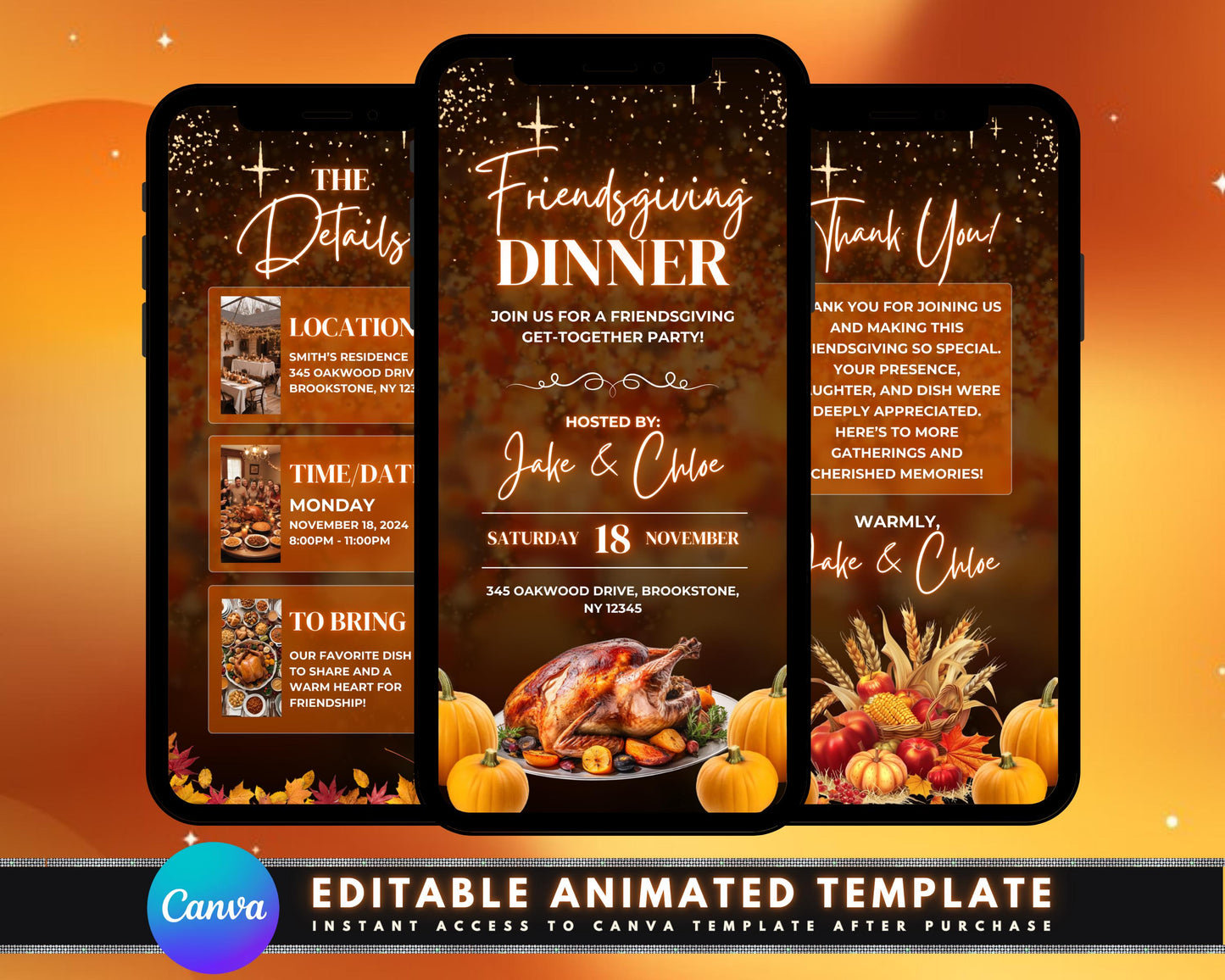 friendsgiving thanksgiving dinner party friends family gathering celebration gratitude abundance animated friendsgiving invitation digital thanksgiving invite animated template invitation design graphics illustration turkey fall foliage table setting