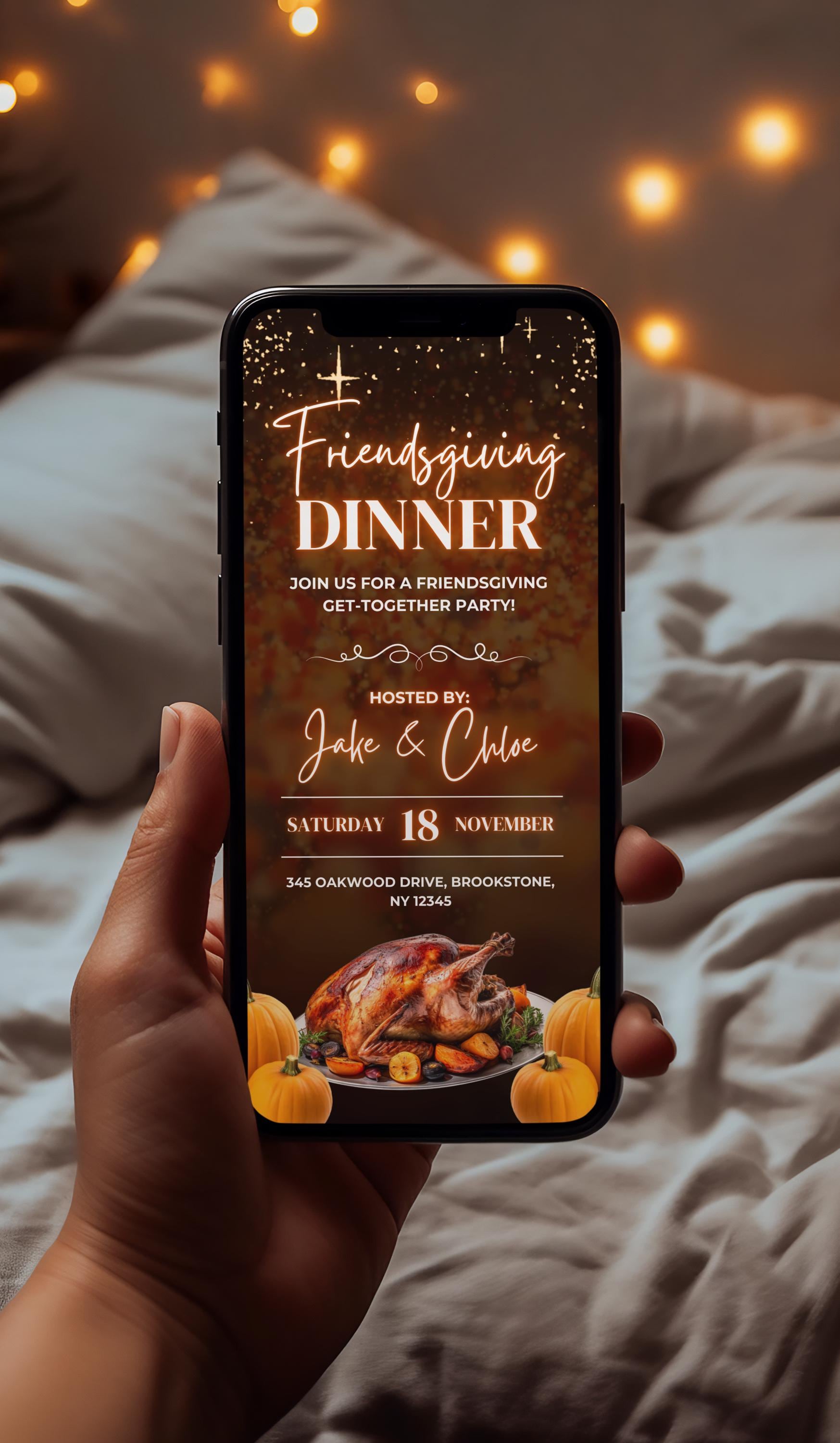 Friendsgiving Thanksgiving Dinner party Friends Family Gathering Celebration Gratitude Abundance Animated Friendsgiving invitation Digital Thanksgiving invite Animated Template Invitation Design Graphics Illustration Turkey Fall foliage Table setting