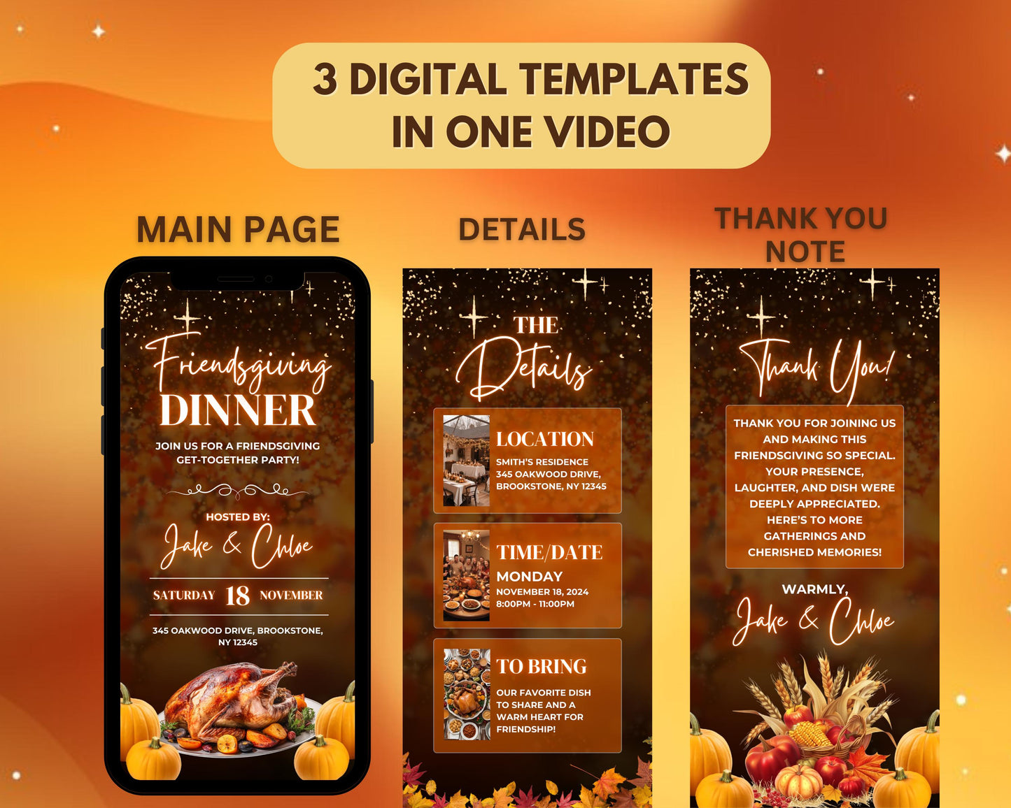 friendsgiving thanksgiving dinner party friends family gathering celebration gratitude abundance animated friendsgiving invitation digital thanksgiving invite animated template invitation design graphics illustration turkey fall foliage table setting