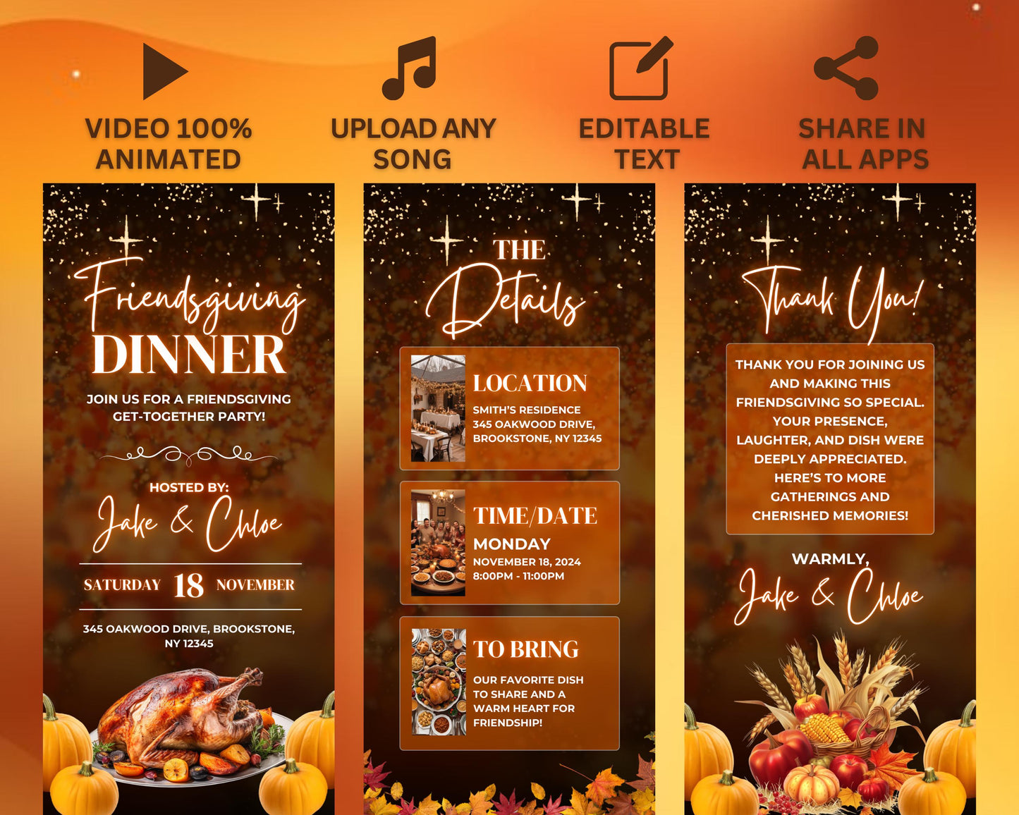 friendsgiving thanksgiving dinner party friends family gathering celebration gratitude abundance animated friendsgiving invitation digital thanksgiving invite animated template invitation design graphics illustration turkey fall foliage table setting