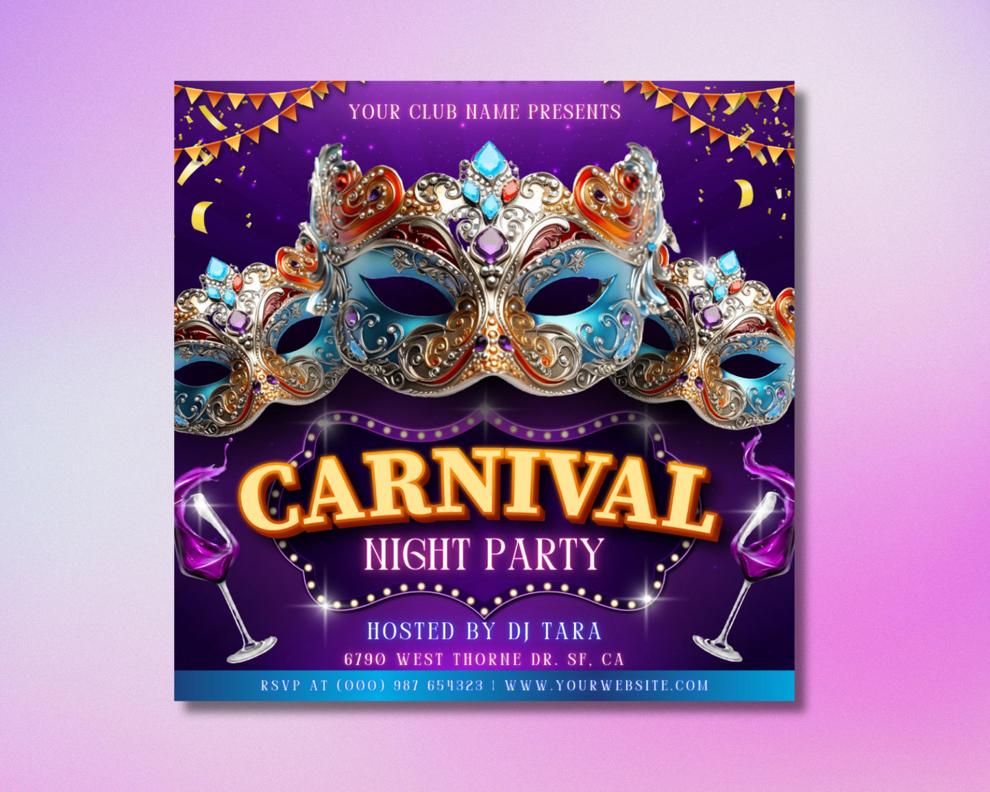 carnival nightclub party party flyer flyer template event flyer club flyer nightlife masquerade mardi gras fete parade costumes decorations music dancing entertainment masks feathers confetti balloons colors dress to impress limited tickets available