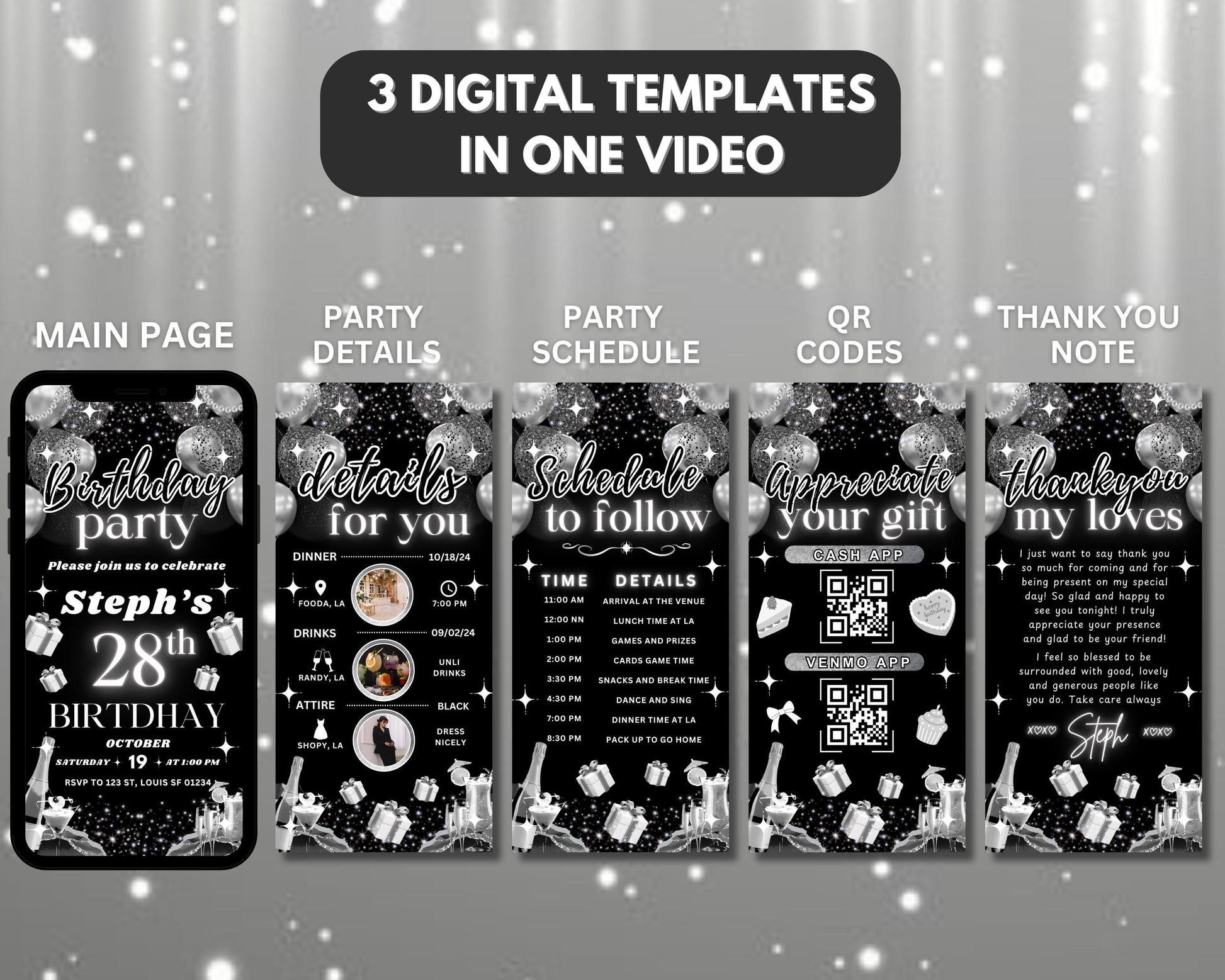 Black and white birthday invitation Animated birthday invitation Birthday party invite template Digital birthday Birthday party Party invitation design Invitation template Birthday celebration Online invitation Invitation maker