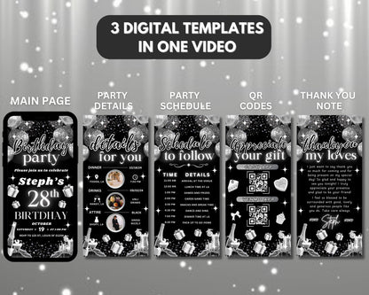 Black and white birthday invitation Animated birthday invitation Birthday party invite template Digital birthday Birthday party Party invitation design Invitation template Birthday celebration Online invitation Invitation maker